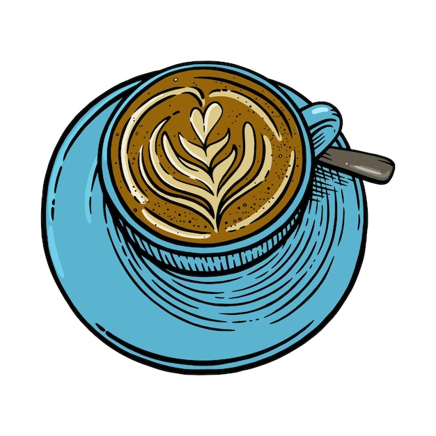 Kaffeetasse mit Cappuccino Gravierte Skizze der Kaffeetasse Vektorillustration