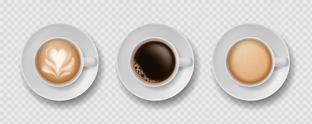 Kaffeetasse. realistische tassen-draufsicht mit heißem getränk, keramikgeschirr mit espresso oder americano, cappuccino und latte, morgendliches aromagetränk im café-vektor isolierte illustration für restaurantdekor