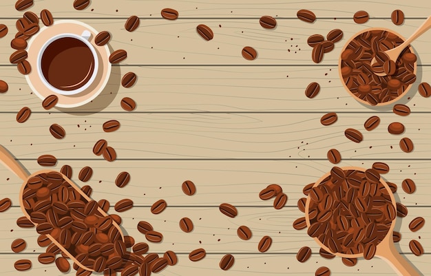 Kaffeetasse und Kaffeebohnen auf einem hölzernen Hintergrund