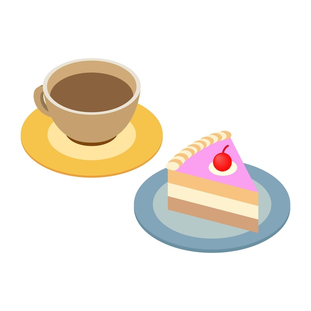 Vektor kaffeetasse und stück kuchen isometrisches 3d-symbol