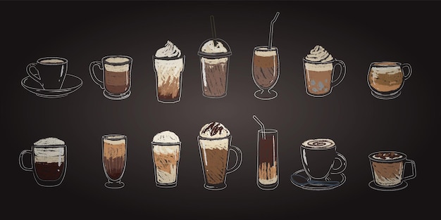 Kaffeetypen Kreide Glas Cappuccino Latte und Espresso Zeichnung auf der Tafel Frappe Mocha und Milkshake in verschiedenen Tassen Blackboard Menü Café isolierte Vektor-Illustration Getränke