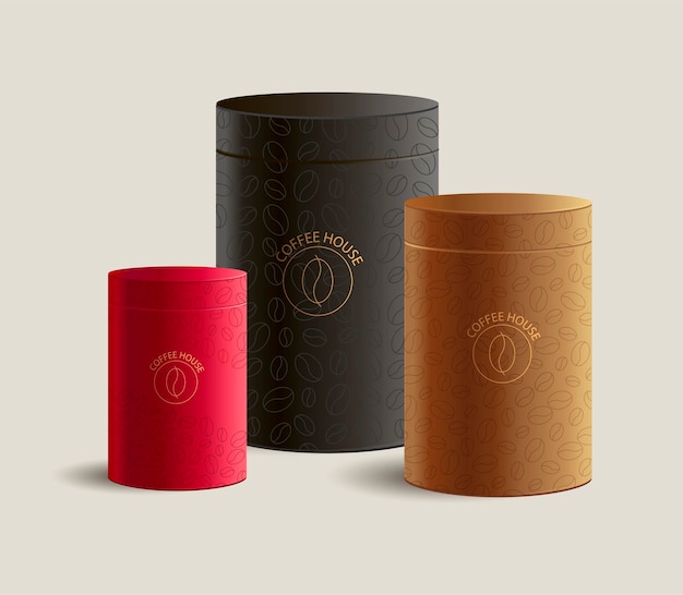 Kaffeeverpackung realistisches Mockup von drei unterschiedlich großen Gläsern mit Kaffeebohnenmuster und Logo