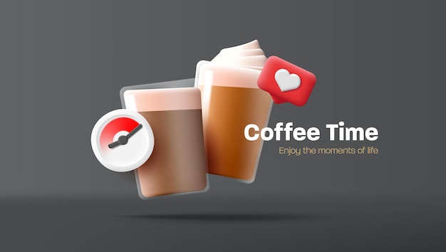 Kaffeezeit-banner mit 3d-rendering-capuccino und latte mit schaumcreme in glasbechern mit timer und ähnlichen symbolen