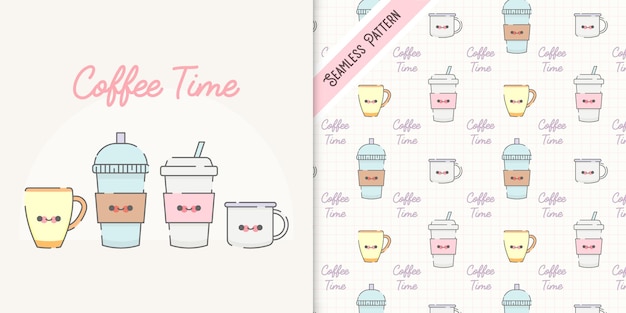 Kaffeezeit kawaii tassen illustration und tassen nahtloses muster