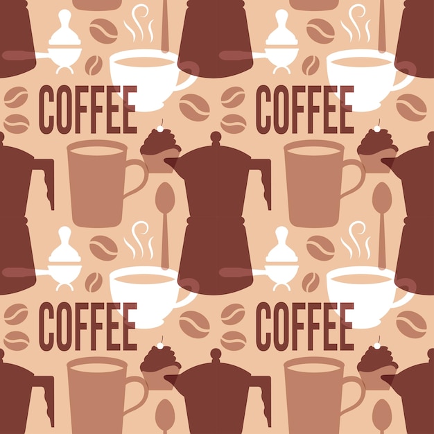 Kaffeezeit nahtloses Musterdesign mit Kakaobohnen und Krug in Cartoon-Flat-Illustration