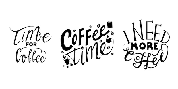 Vektor kaffeezeit-typografie-zitat-set. vektor-kalligrafie-phrase. schriftzug-vektorillustration für plakatkarten-banner für café. handgezeichnetes motivationsset. schwarz-weißer schriftzug. handgezeichnetes café