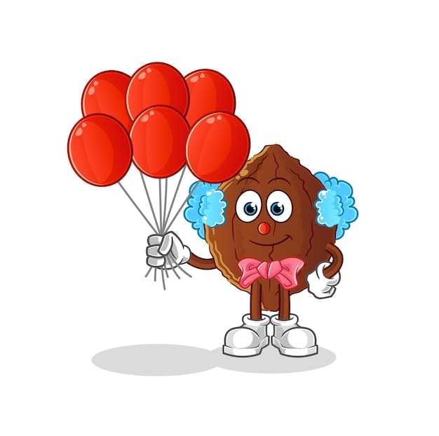 Kakaoclown mit ballonvektor. zeichentrickfigur