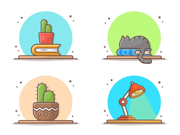 Kaktus, buch, katze auf tisch-symbol
