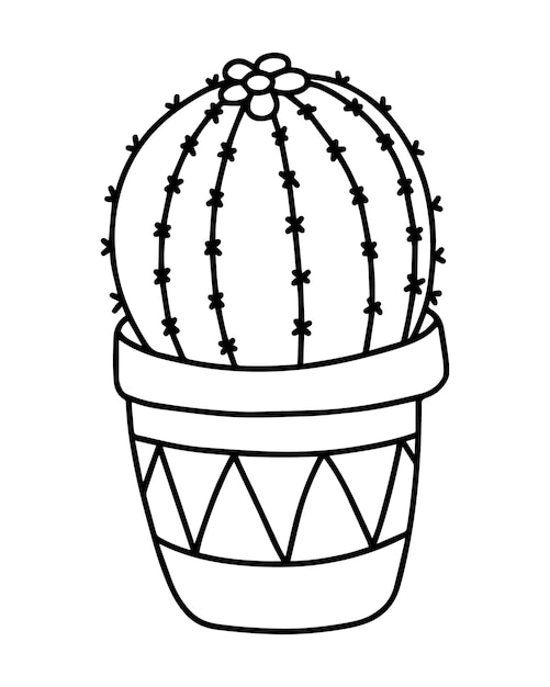 Kaktus mit Blume und Nadeln in einer Topfpflanze für den linearen Cartoon des Innengekritzels