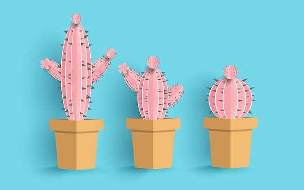 Kaktus mit papierkunst. rosa kaktus. hintergrund mit gelb.