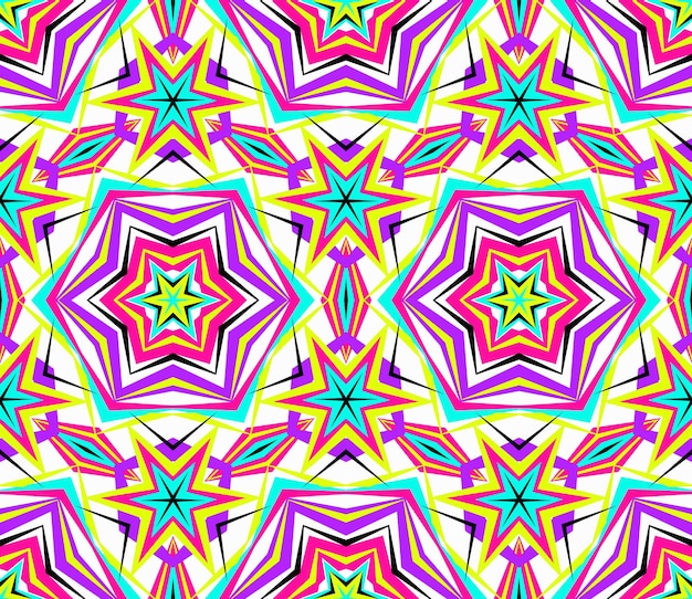 Kaleidoskop abstraktes Blumenmuster, lebendiger geometrischer Hintergrund, modischer Grafikdruck, dekorative Sternblumen, Neonfarben, psychedelisches Design, buntes geometrisches Ornament, Vektorhintergrund