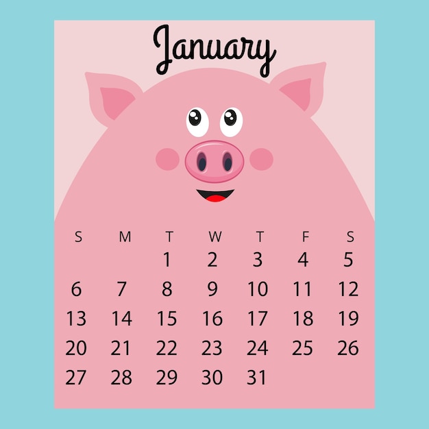 Kalender 2019 süßes lustiges cartoon-schwein januar-wintermonat