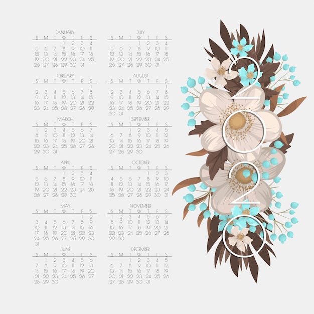 Kalender 2020. blumenkalender mit weißen und hellblauen blumen