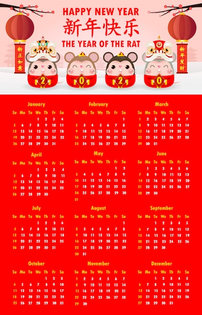 Vektor kalender 2020. chinesisches neujahr