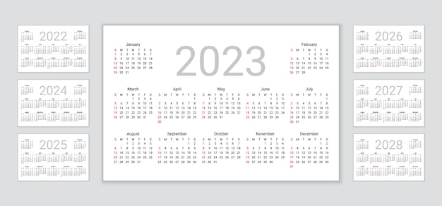 Kalender 2022, 2023, 2024, 2025, 2026, 2027, 2028 jahre. die woche beginnt am sonntag. einfache vorlage für taschen- oder wandkalender.