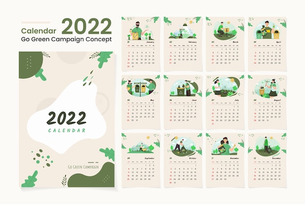 Kalender 2022 designvorlage mit grünem umweltpflege-illustrationskonzept