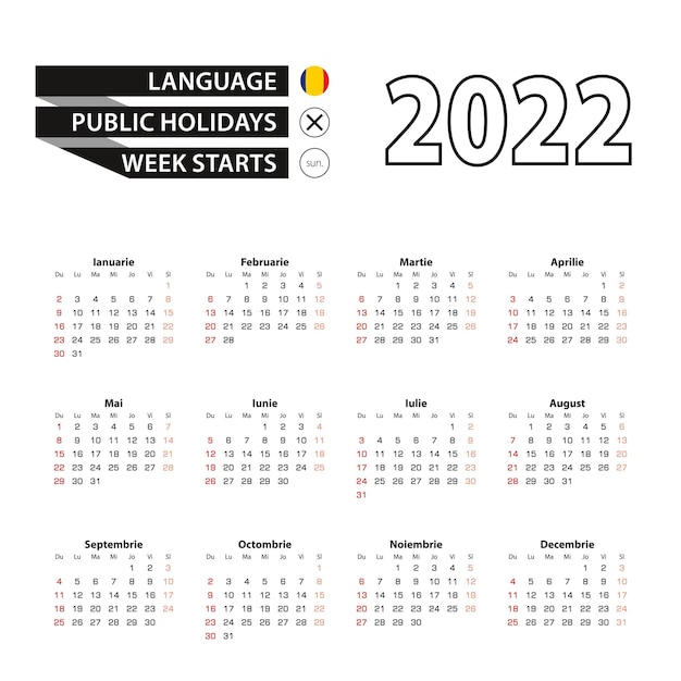 Kalender 2022 in rumänischer sprache, woche beginnt am sonntag.