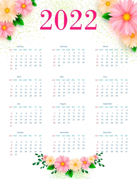 Kalender 2022 mit hellen blumenmustern. vorlage. vektor