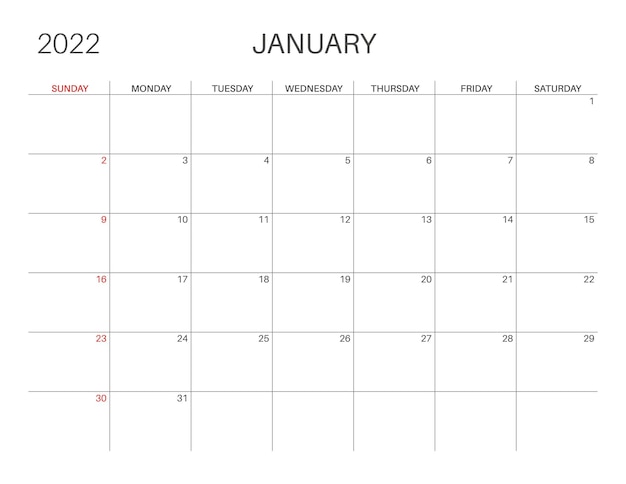 Kalender 2022. monat januar. wochenstart am sonntag. druckbare kalendervorlage für planer. wochennummer. minimalistischer stil.