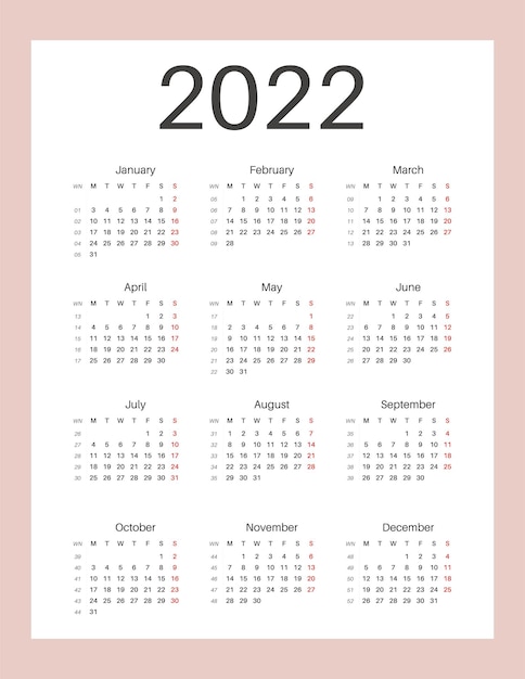 Vektor kalender 2022. wochenstart am sonntag. briefgröße. vertikales hochformat. druckbare kalendervorlage für planer. wochennummer. typografie im grunge-stil.