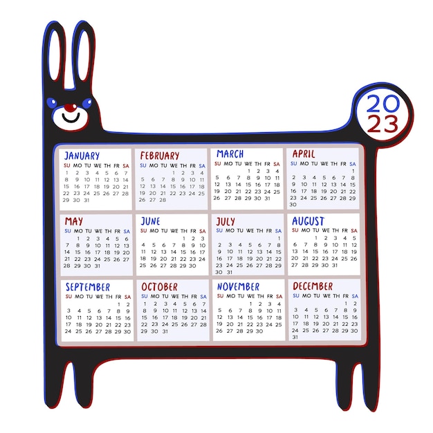 Vektor kalender 2023. chinesisches jahr des kaninchens. vektorkalenderraster in hasenform eingeschrieben. woche betteln