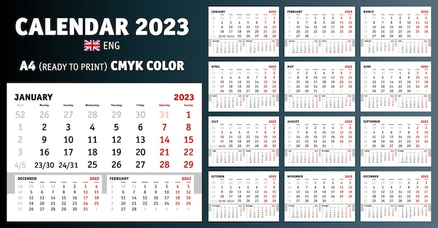 Kalender 2023 Englisch, A4 druckfertig, CMYK-Farbe. Wandkalender A4 für Druck CMYK.