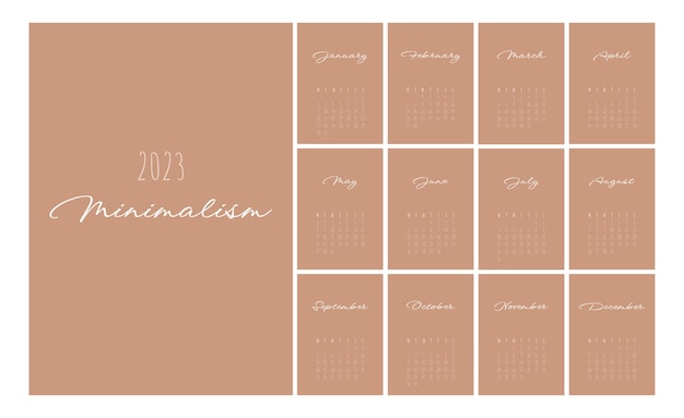 Kalender 2023 im trendigen minimalistischen stil. set mit 12 seiten tischkalender. 2023 minimaler kalenderplaner