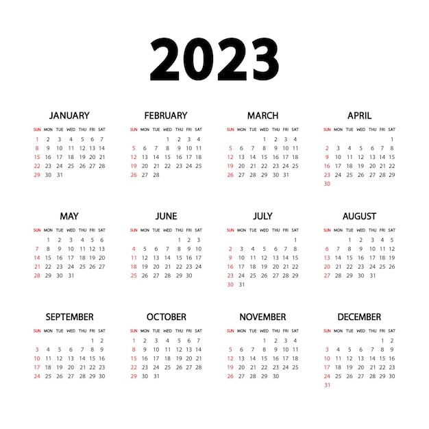 Kalender 2023 jahr. die woche beginnt am sonntag. englische jahreskalender 2023 vorlage. vertikale briefpapiervorlage in einfachem, minimalistischem design. hochkant. vektor