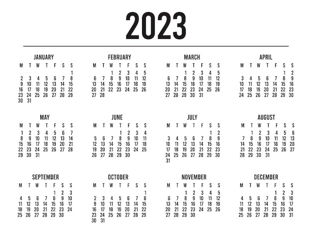 Vektor kalender 2023 mit 12 monaten büro klassischer einfacher sauberer jahreskalender einseitige kalendervorlage grundlegende vektorillustration