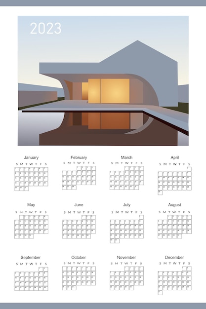 Kalender 2023 mit modernem luxushaus in pastellfarbe