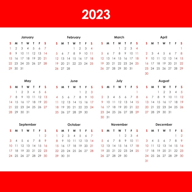 Vektor kalender 2023 mit roten und schwarzen farben