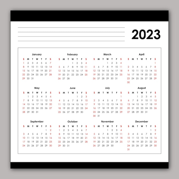 Vektor kalender 2023 mit schwarzen und roten farben