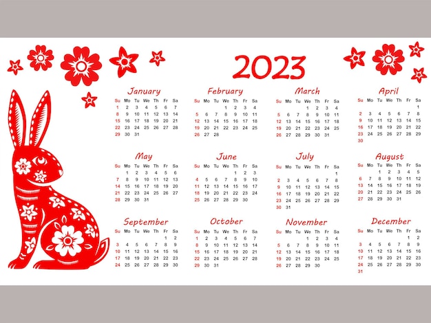 Vektor kalender 2023 mit sternzeichenjahr des kaninchens mit roter papierschnittkunst auf weißem farbhintergrund