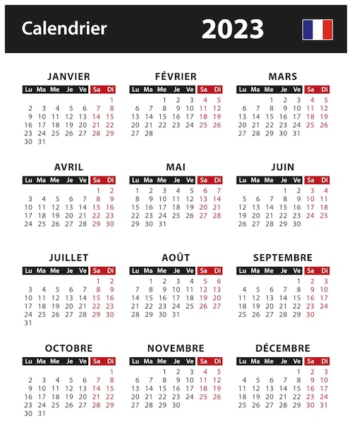 Kalender 2023 - Vektorgrafik auf Lager. Frankreich, französische Version