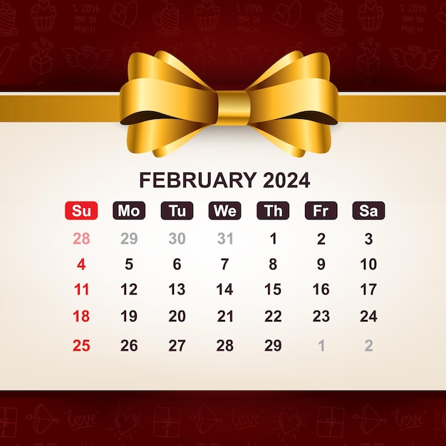 Vektor kalender 2024 februar mit goldenem bogen vektorillustration