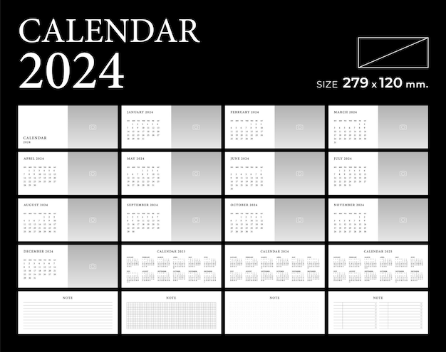 Kalender 2024, Fotorahmen-Vorlage, Planer, Vektortagebuch in einer minimalistischen Landschaft