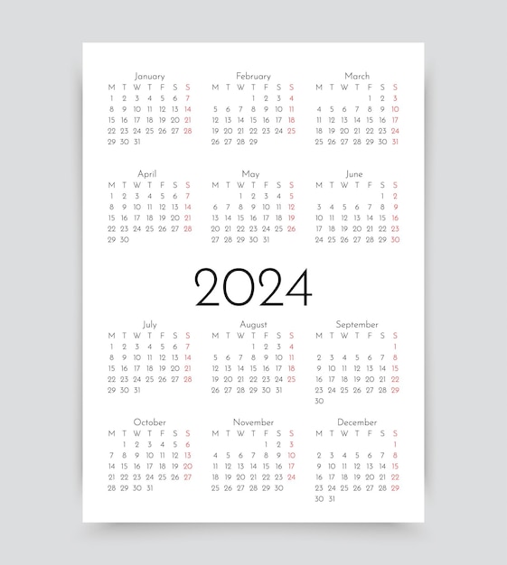 Vektor kalender 2024 kalender für das jahr taschenwandvorlage die woche beginnt am montag jährlicher organisator