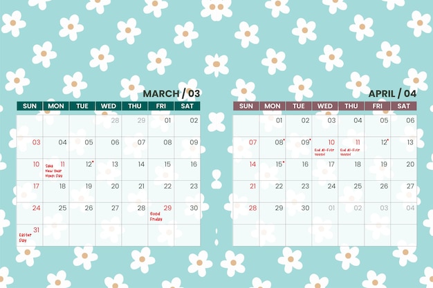 Kalender 2024 märz und april  Premium-Vektor