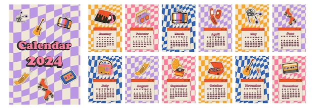 Kalender 2024 mit retro-aufkleber-design. kalenderplaner, jahresplaner im minimalistischen stil