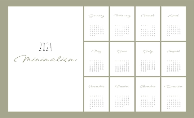 Vektor kalender 2024, trendiger minimalistischer stil, set mit 12 seiten, tischkalender 2024, minimaler kalenderplaner