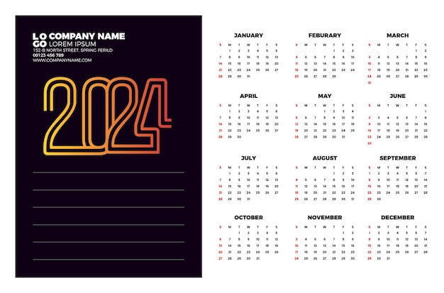 Kalender 2024 vorlage vektor einfaches minimalistisches design planer 2024 jahr wandkalender 2024 jahr