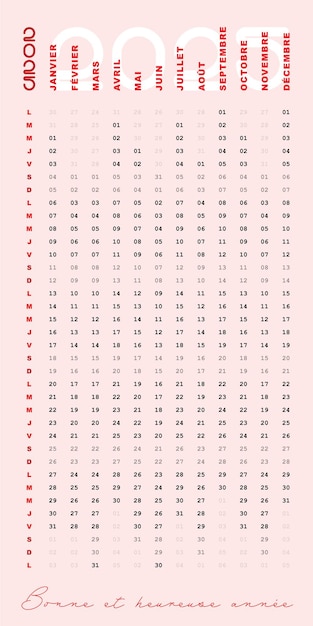 Kalender 2025 Dates Francaises Format Vertikales Design Einzigartig und modifizierbar rouge
