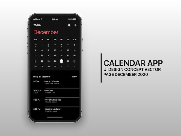 Kalender app ui ux concept seite dezember dark mode