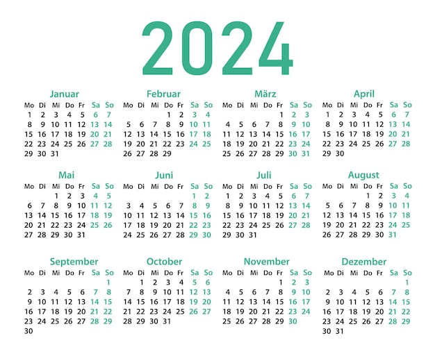 Vektor kalender auf deutsch für 2024 auf weißem hintergrund