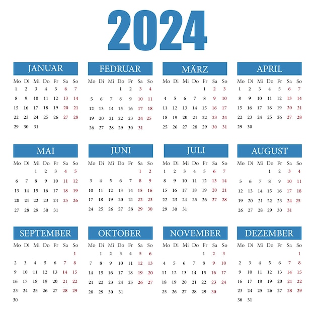 Vektor kalender auf deutsch für 2024. die woche beginnt am montag. vektorillustration