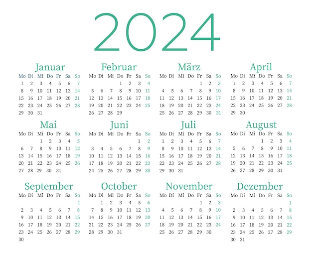 Vektor kalender auf deutsch für 2024. die woche beginnt am montag