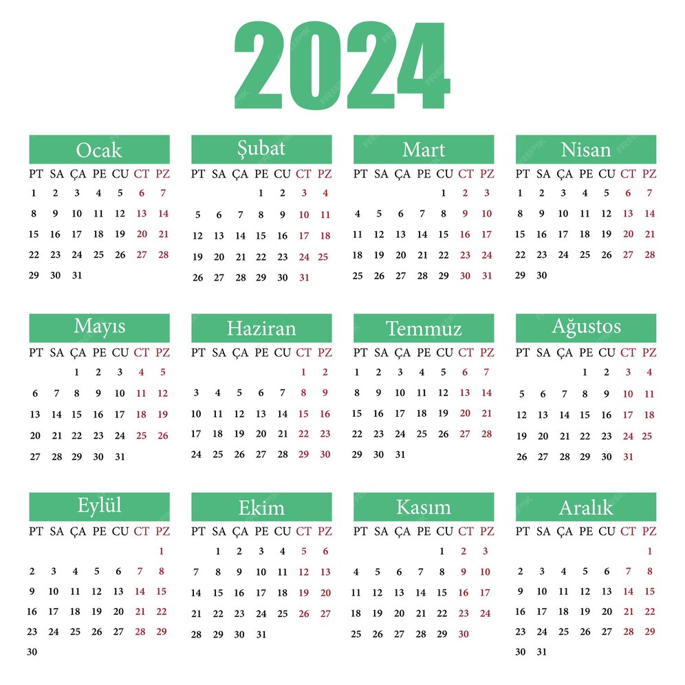 Kalender auf türkisch für 2024. die woche beginnt am montag 
