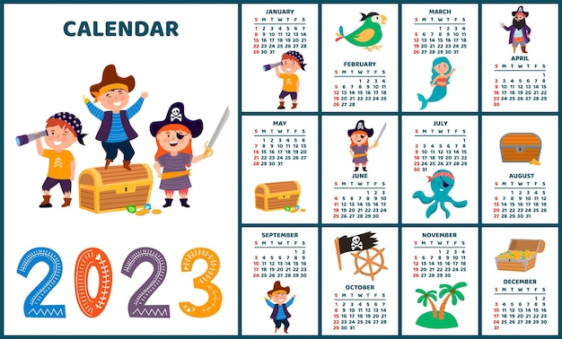 Kalender bunter kinderkalender mit einem piraten-design, piraten-schatzinsel-krake, meerjungfrau, tre