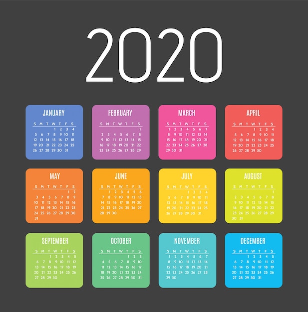 Kalender für 2020 jahre. die woche beginnt am sonntag.