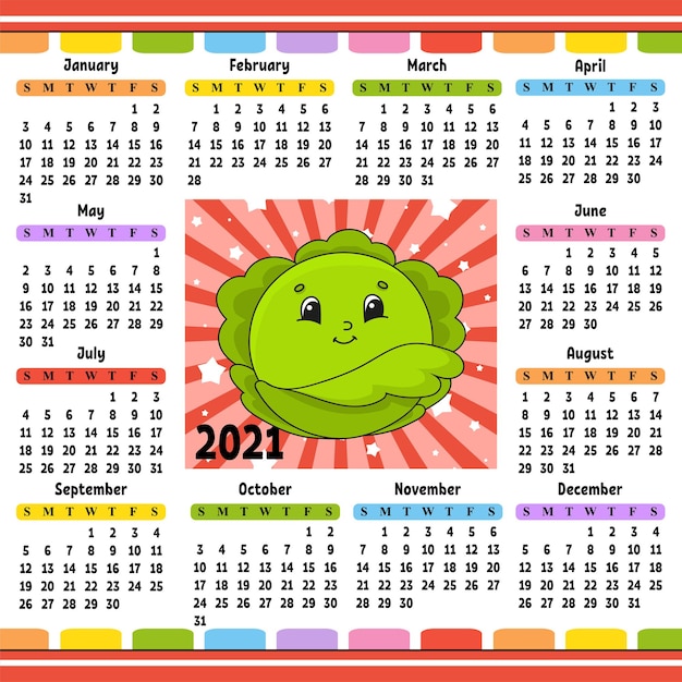 Kalender für 2021 mit einem niedlichen charakter.